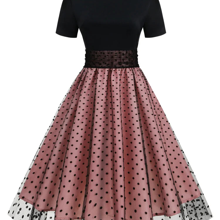 Tonval Round Neck Ruched High Waist Vintage Dot Mesh Overlay Pleated Dress Women Short Sleeve Evening Elegant Party Midi Dresses