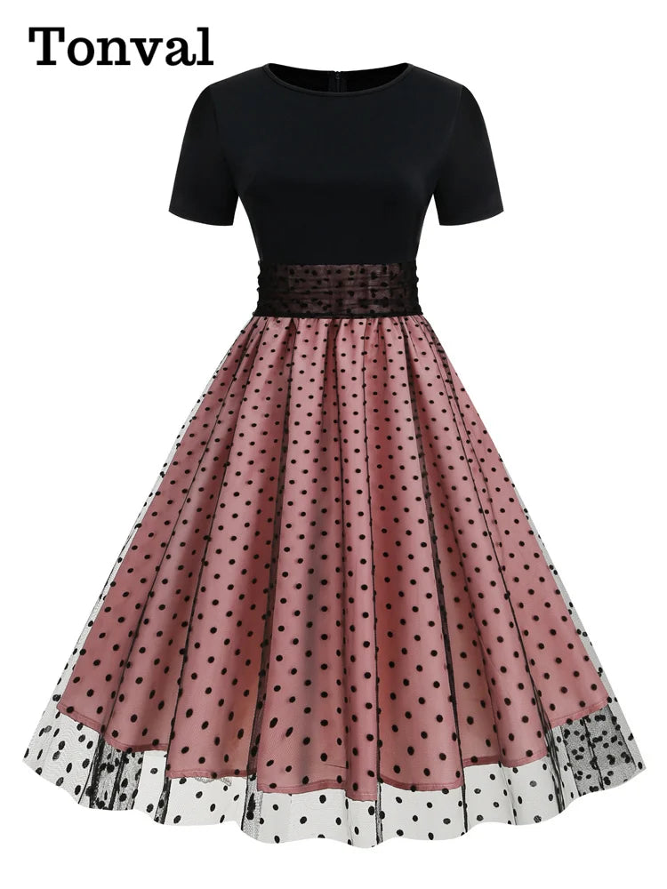 Tonval Round Neck Ruched High Waist Vintage Dot Mesh Overlay Pleated Dress Women Short Sleeve Evening Elegant Party Midi Dresses