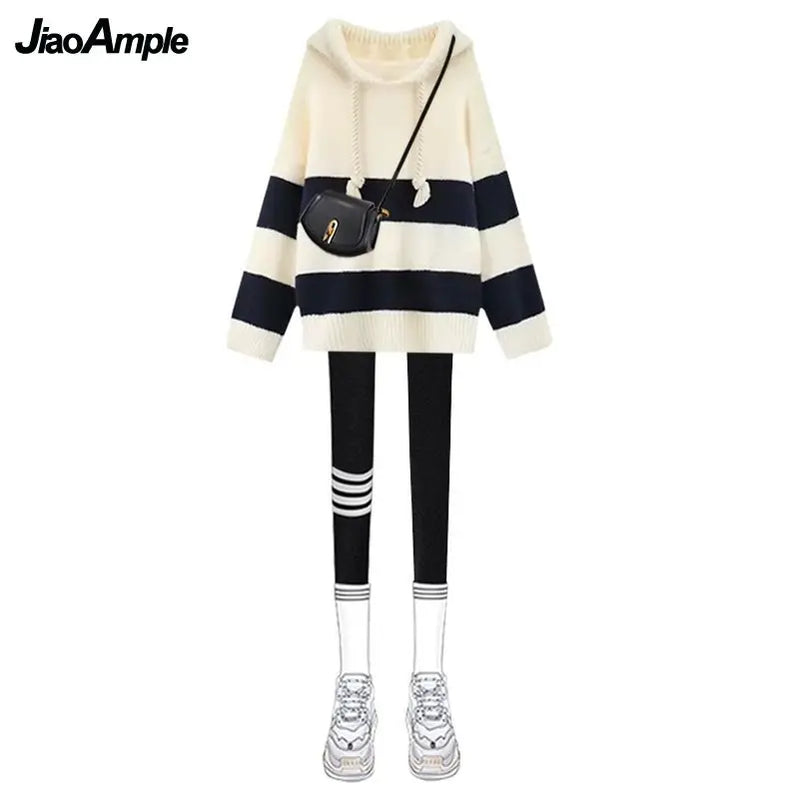 Women's Autumn Winter New Loose Knitted Hoodie Shark Pants Two Piece Korean Elegant Pullover Matching Set Female Clothing Suit