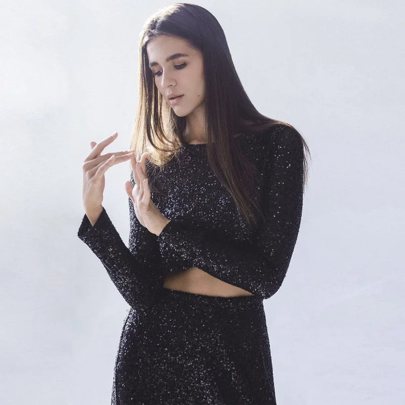 Glitter Sequin Crop top Autumn Winter Slim Long Sleeve Women Basic Solid Casual Top For WomenY2k Shiny Sequined Tshirts Black