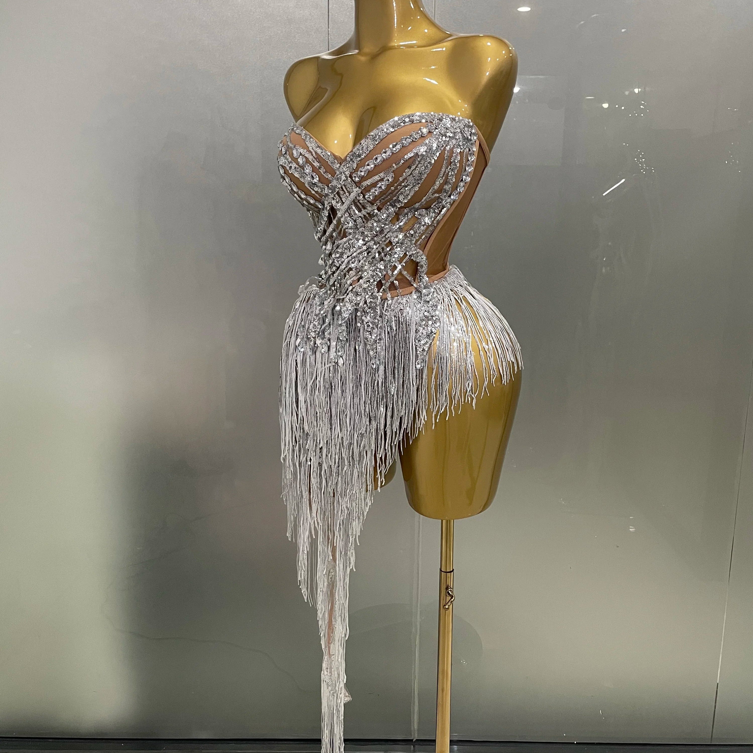 2025 New Sparkly Rhinestone Sequin Tassel Sexy Mini Skirt Two Pieces Set Women Birthday Celebrate Party Nightclub Stage Costume