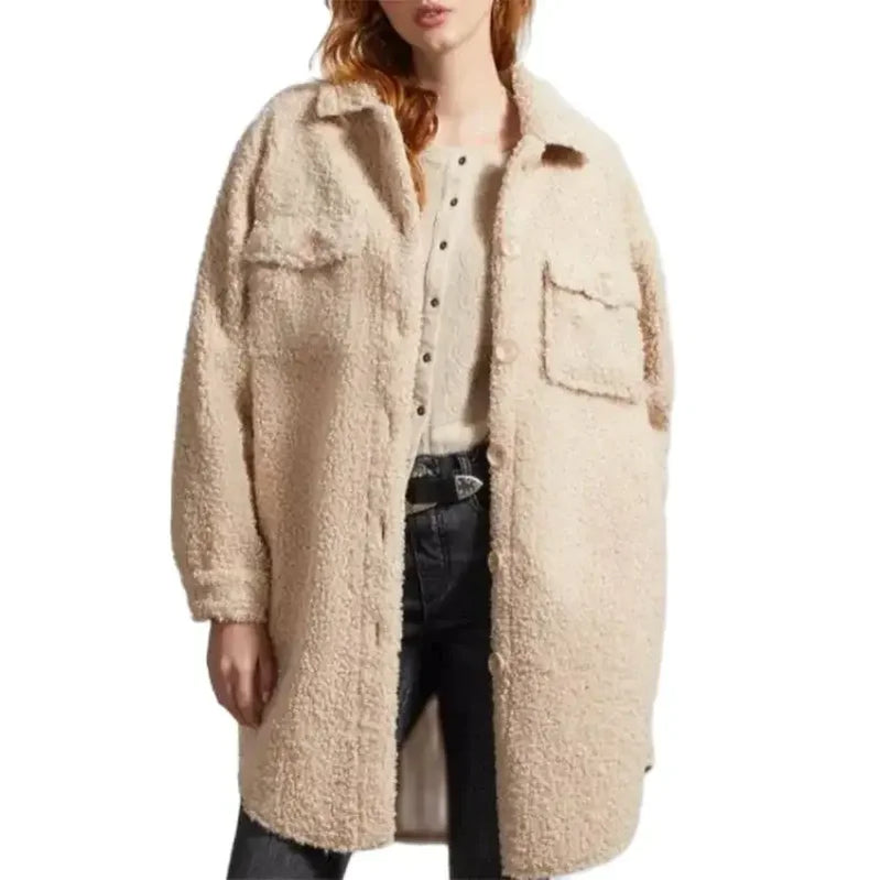 Women's Fuzzy Coat Turn Down Collar Pockets Casual Single Breasted Long Jacket Autumn Winter Loose Vintage Lambswool Outerweat White