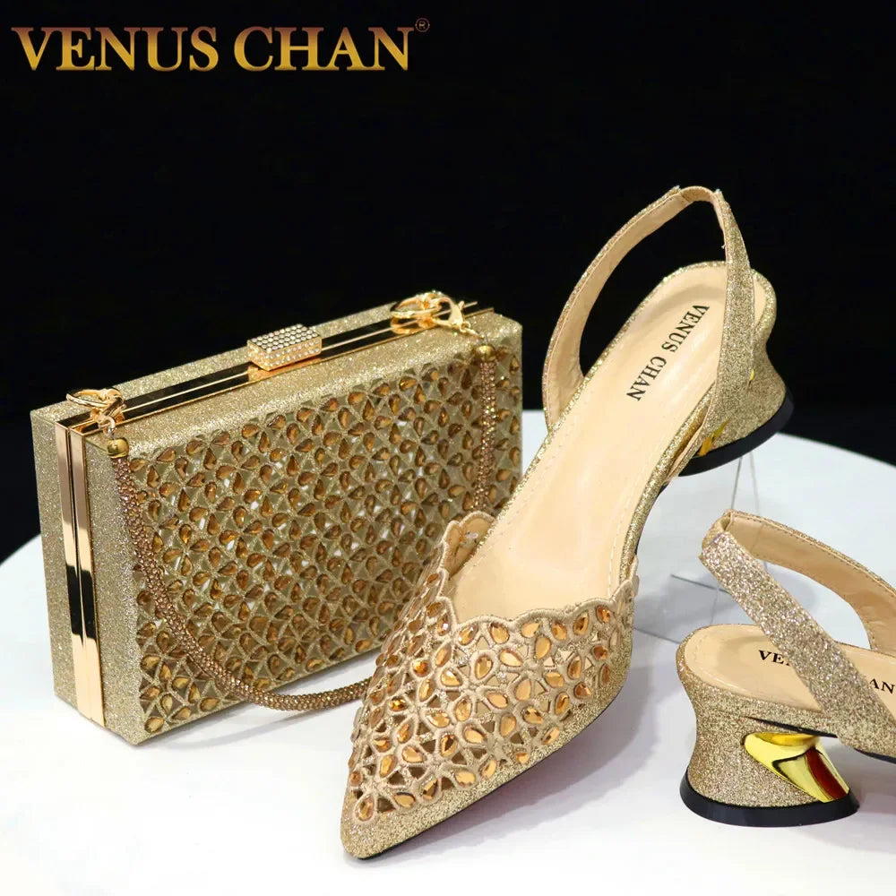 Venus Chan Low Heel Shoes for Women Hollowed Out Embroidery Rhinestone Italian Design Gold Color Pointed-Toe Shoes and Bags Set