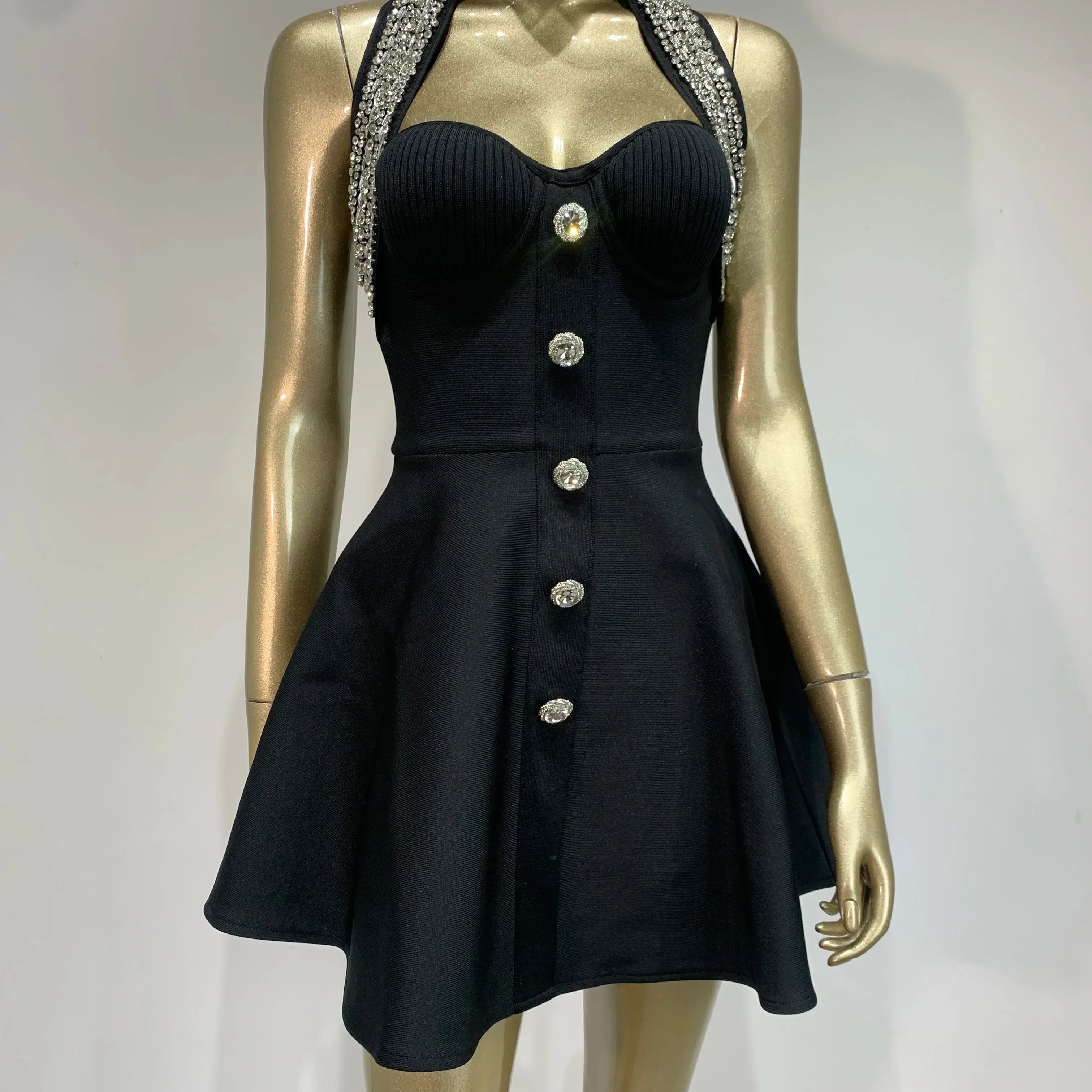 Bandage Dress Women Celebrity Sexy Backless Halter Beading A Line Pleated Black Bodycon Elegant Evening Club Party Dress