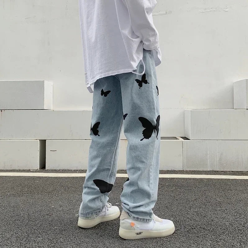 Loose Baggy Casual Denim Hip Hop Streetwear Straight Trousers Clothing Butterfly Print Women Jeans Pants Jeans Woman
