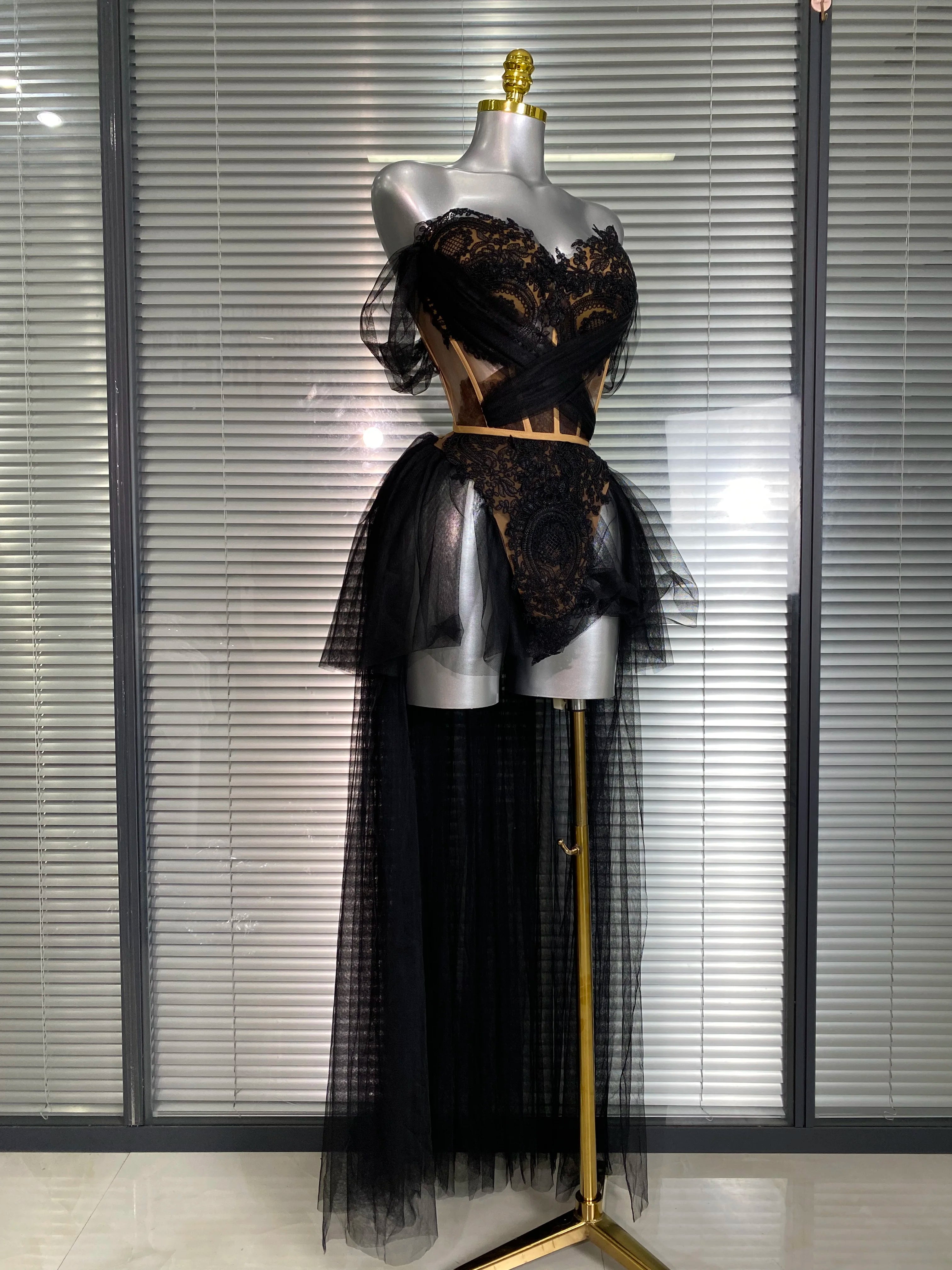 Summer New 2025 INS Sexy Two Pieces Set Women Celebrity Adjustable Laced Black Skirt Suits Stage Costume