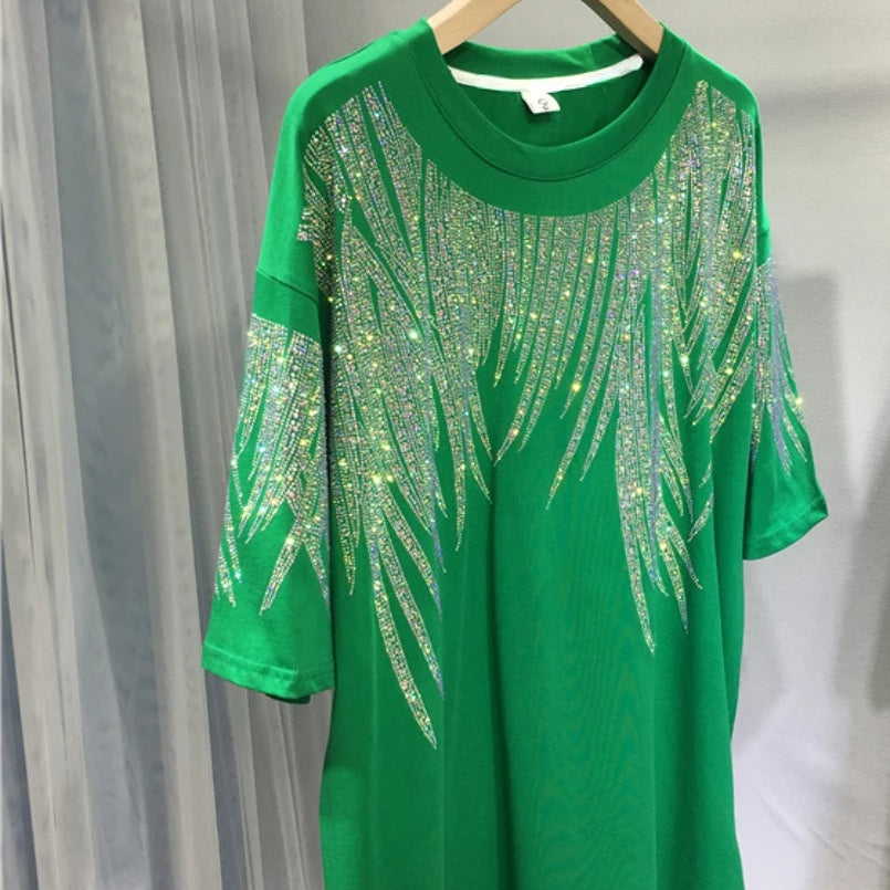 L-4XL Plus Size Tops Rhinestone Graphic T-shirts Luxury Large Size Tunic for Women Men Summer Cotton Women's Clothing Chubby Y2K 6343 Green