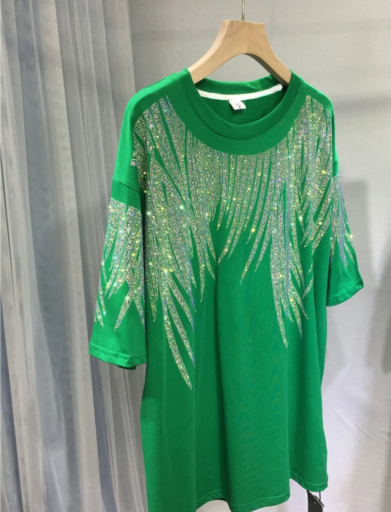 L-4XL Plus Size Tops Rhinestone Graphic T-shirts Luxury Large Size Tunic for Women Men Summer Cotton Women's Clothing Chubby Y2K 6343 Green