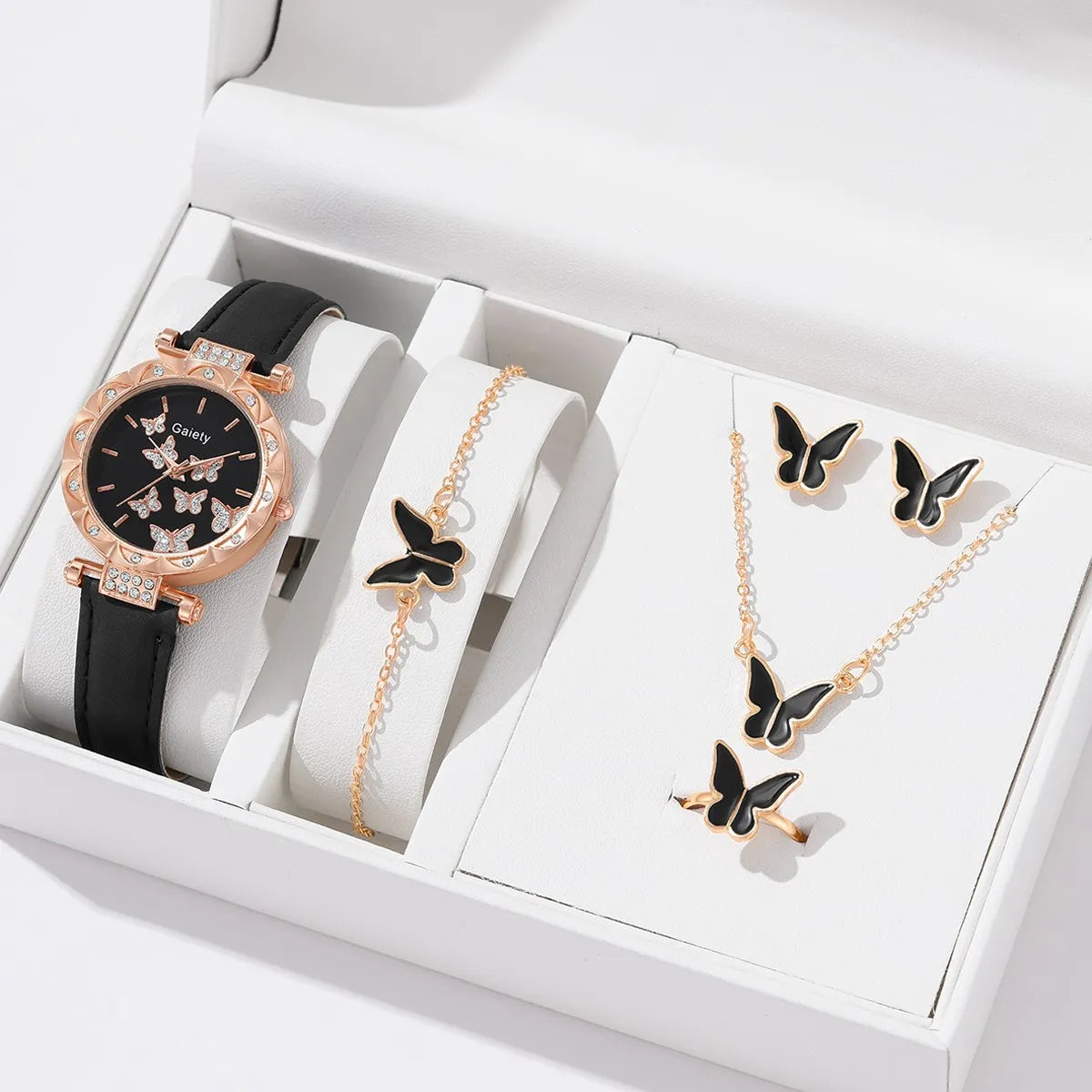 6pcs Luxury Watch Women Ring Necklace Earrings Bracelet Set Watches Butterfly Leather Strap Ladies Quartz WristWatch No Box 6pcs set black 4691