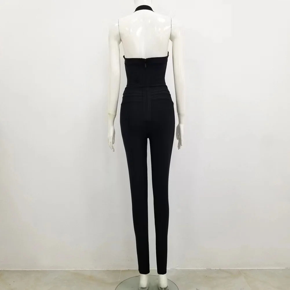 Macacão feminino preto cáqui, gola alta, rayon, bandagem, sexy, colado ao corpo, celebridade, boate, festa, macacão