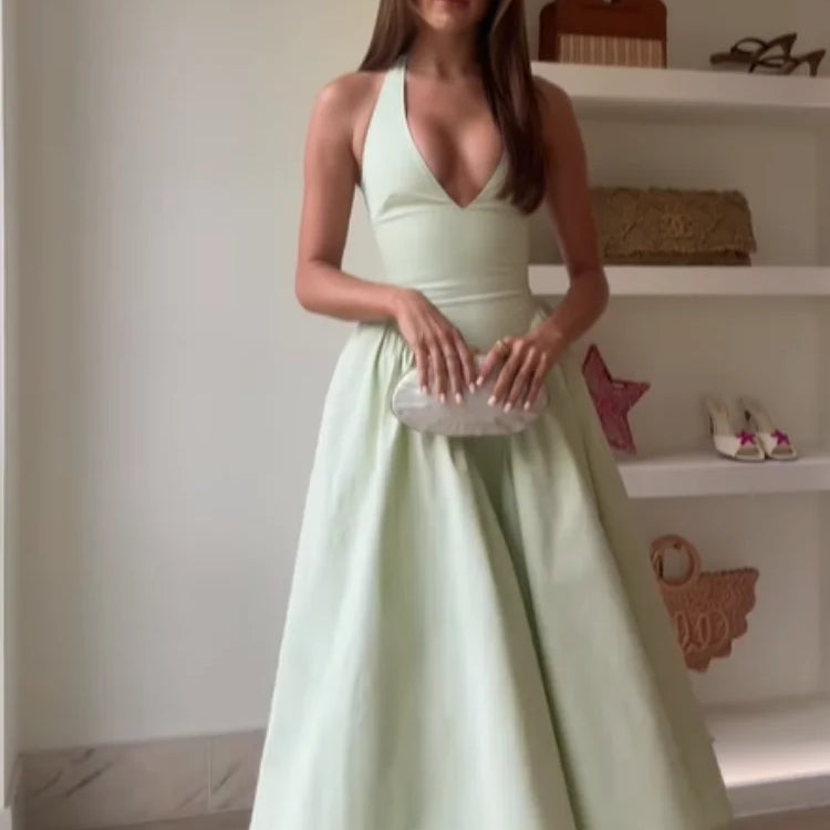 Elegant V Neck Green Long Dresses Women Fashion High Waist A-line Halter Midi Vestidos New Summer Lady Evening Party Dress 2025