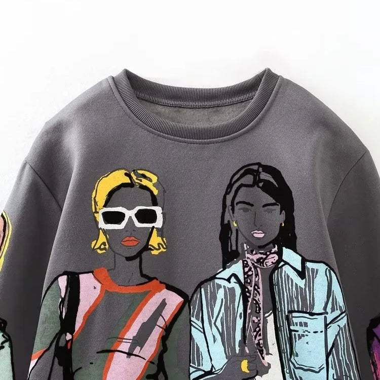 Women Fashion Modern Ladies Print Loose Fleece Sweatshirts Female O Neck Long Sleeve Hoodies Chic Pullovers Tops H2840