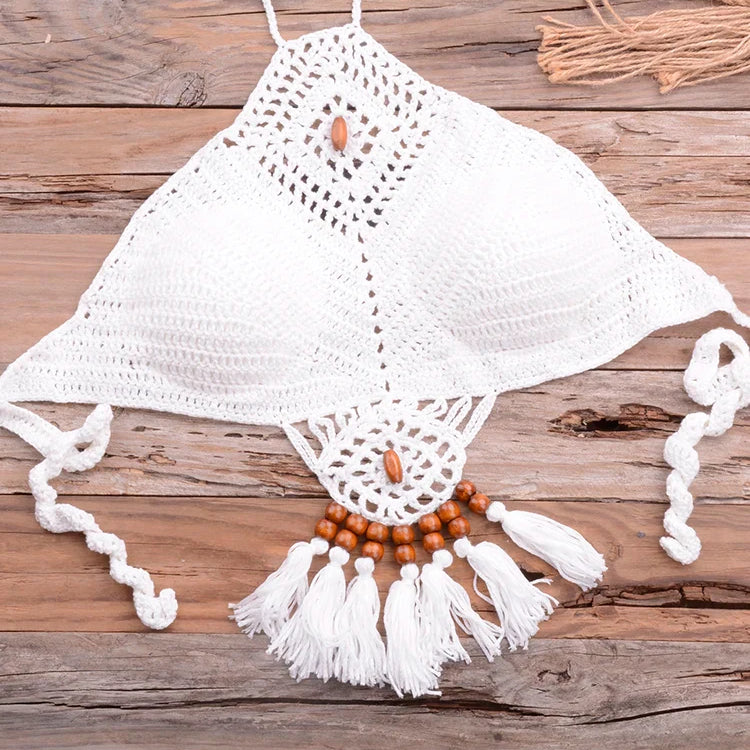 Bikini 2022 knitting Swimsuit Crochet Bikini Bohemia Style Off Shoulder High Neck Bathing Beach Bikinis Handmade Crochet Bikini White Top