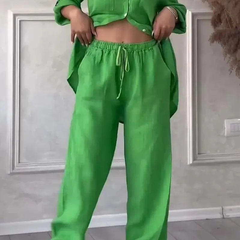 Women Plus Size Two Pieces Set Drawstring Straight Elastic Waist and Long Sleeve Button Shirt Top Matching Set Linen Cotton Set