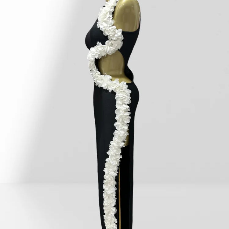White Petal Edge Hollow Out Sleeveless Sheath Black Bandage Ankle Lengh Dress Woman Party Vestido Celebrity Cocktail Outfit