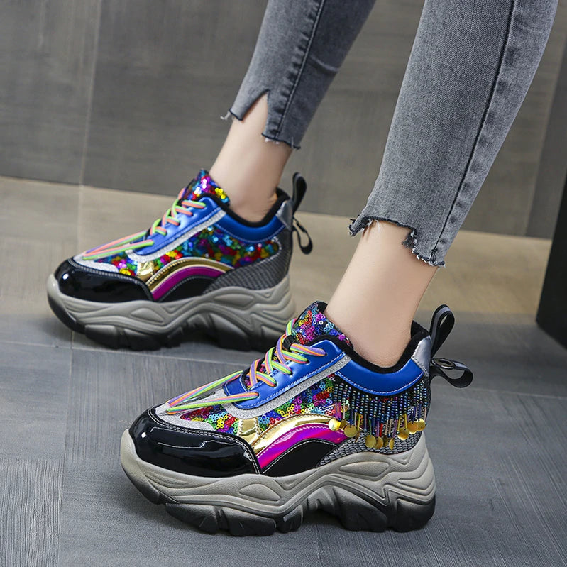 Women Winter Platform Bling Leather Sneakers Warm Plush Shoes Tennis 8CM Wedge Heels Lace-up Chunky Dad Shoes Woman Mujer