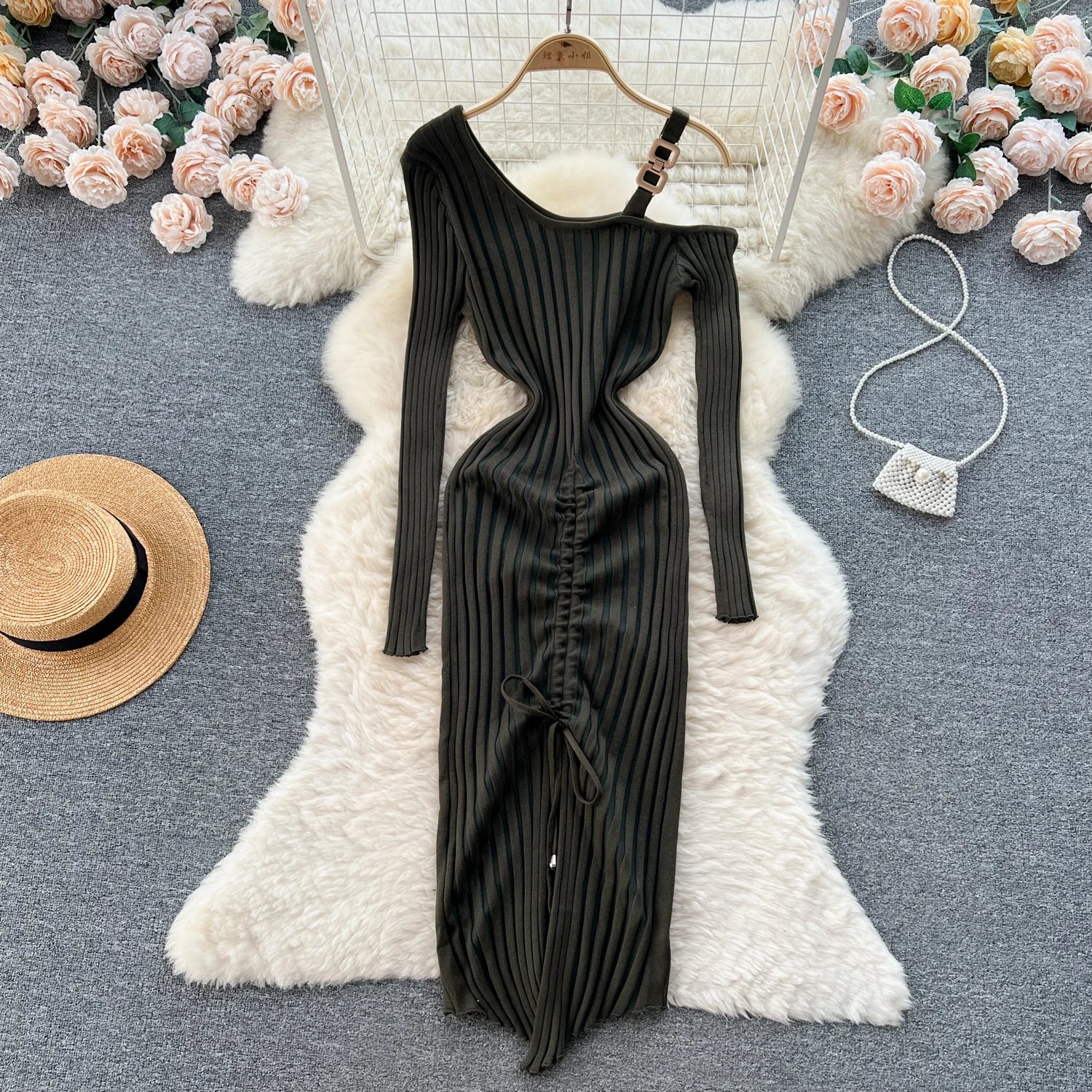 Women Dress Autumn Winter Sexy Package Hips Bodycon Dress Chic Fashion Luxury Knitted Dress Party Vestidos Dark Green One Size