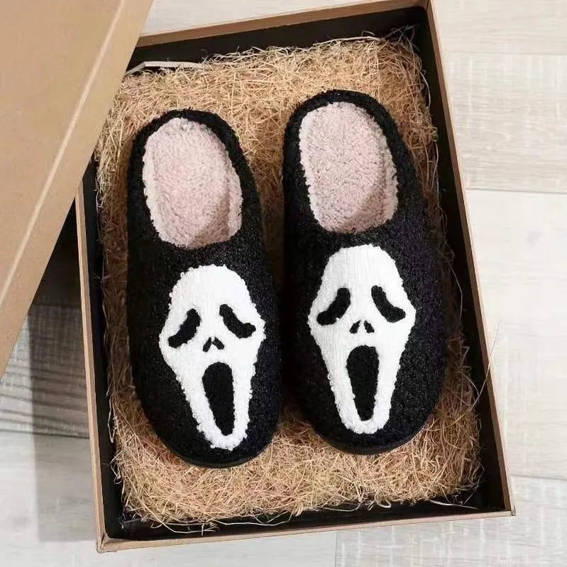 Winter Warm Plush Slippers Women's Halloween Black Ghostface Home Cotten Slippers Men Flip Flops Indoor Floor Slippers Gifts
