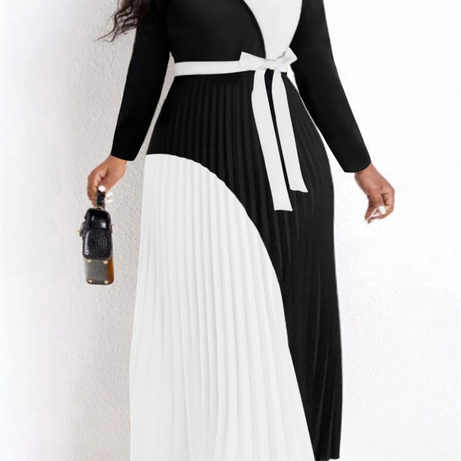 Elegant Fall Maxi Dresses Bandage Design Tiered Pleated A Line Dress Belted Long Sleeve V Neck Flowy Patchwork Vestidos