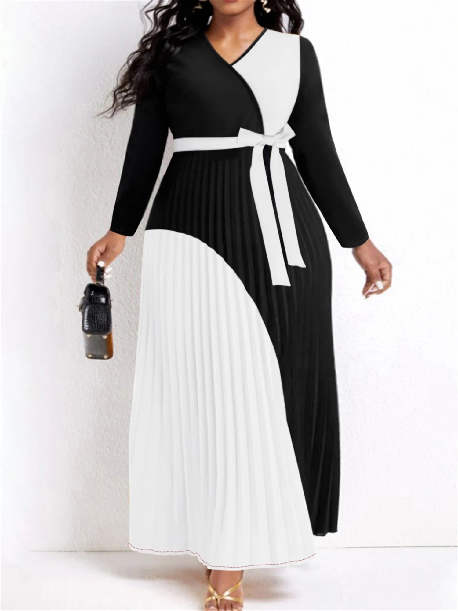 Elegant Fall Maxi Dresses Bandage Design Tiered Pleated A Line Dress Belted Long Sleeve V Neck Flowy Patchwork Vestidos