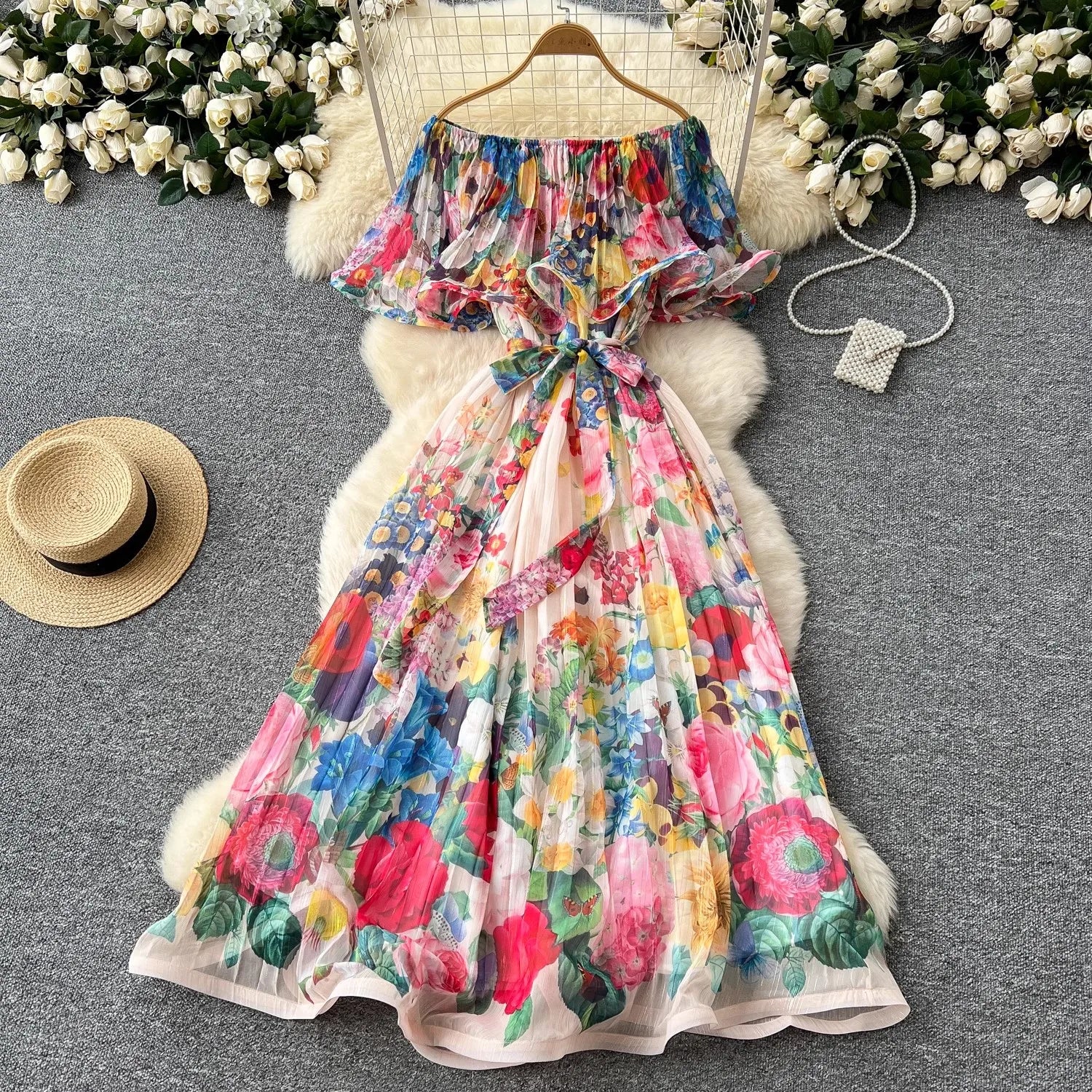 Summer Off Shoulder Gorgeous Flower Holiday Dress Women's Slash Neck Ruffles Batwing Sleeve Print Casual A-Line Beach Vestidos