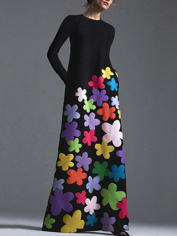 Bohohipei New Spring Summer Long Sleeve Casual Thin Dress Women Spring Summer Fashion Colorful Flowers Printed Maxi Dresses Black