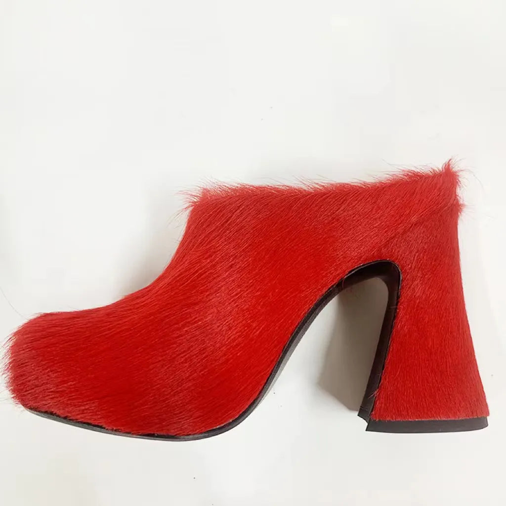 Fur Leather High Heels Women 2024 Designer Elegant Platform Women Mules Slipper Shoes For Wedding Party Dress Shoes Red