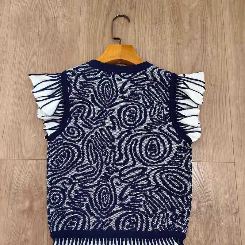 Women Retro Ruffles Edge Decoration Knitted Top+ Irregular Camisole+ Long Skirt