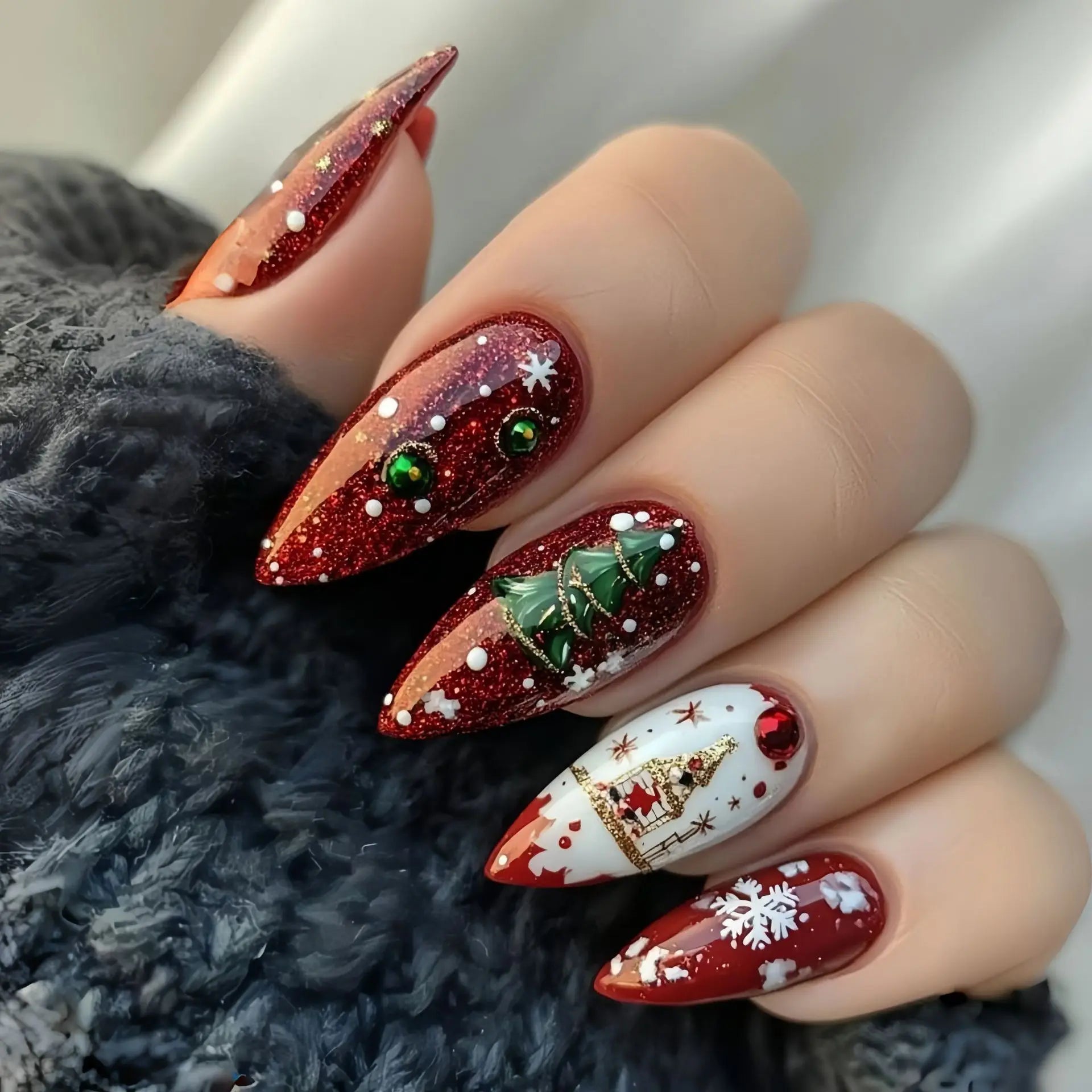 24pcs Round Head Almond False Nails Christmas Glitter Red Full Cover Nail Tips Fashion Snowflake Design Long Press on Fake Nails