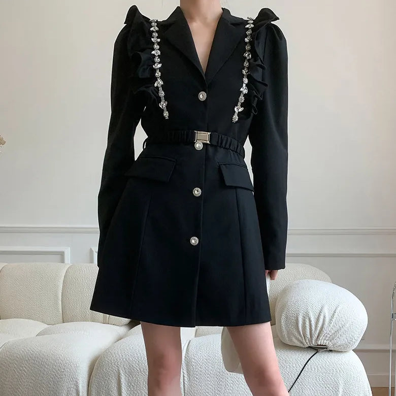 Spring Luxury diamond Suit Blazers Women medium long fashion suit skirt bow long sleeve suit Blazers Cool silver suit 20 colors 9891 Black 1