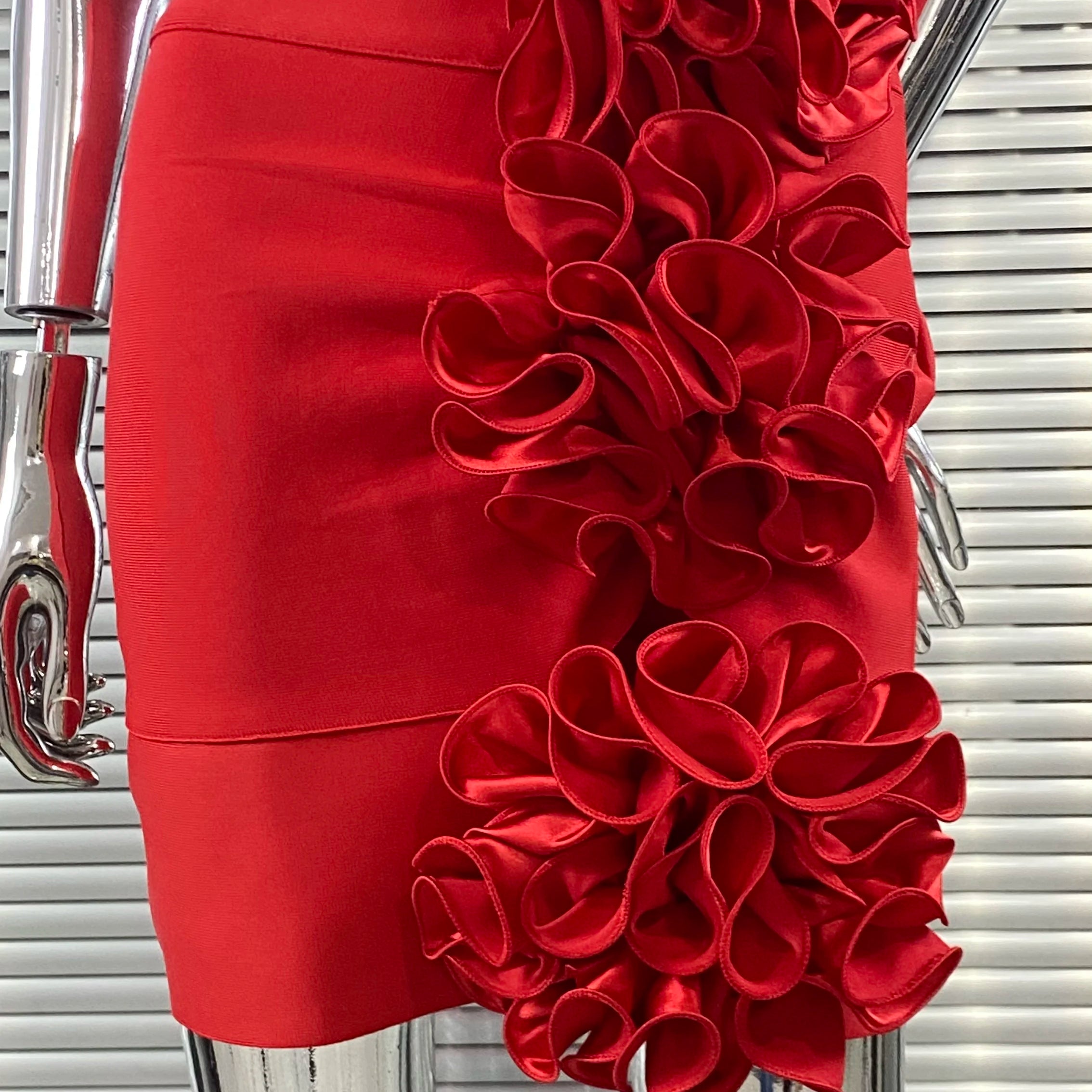 New Summer Stereoscopic Flowers Sexy Hollow Out Spaghetti Red Bandage Mini Dress Sweet Woman Party Dress Birthday Party Vestido