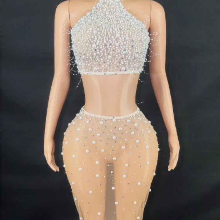 Fashion Women Sexy Off the Shoulder Pearl Beading 2 Pieces Bodycon Long Dress Mesh See Through Nightclub Party Celebrate Dress