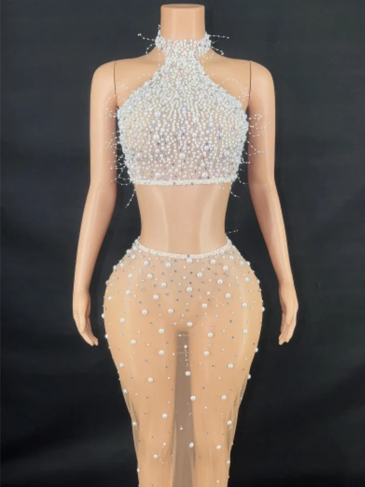 Fashion Women Sexy Off the Shoulder Pearl Beading 2 Pieces Bodycon Long Dress Mesh See Through Nightclub Party Celebrate Dress