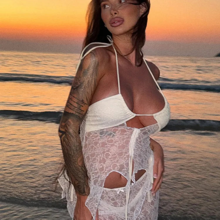 See Through Lace Hollow Out Sexy Two Piece Sets Women Halter Crop Tops And Mini Skirt Female Beach Club Skirt Sets