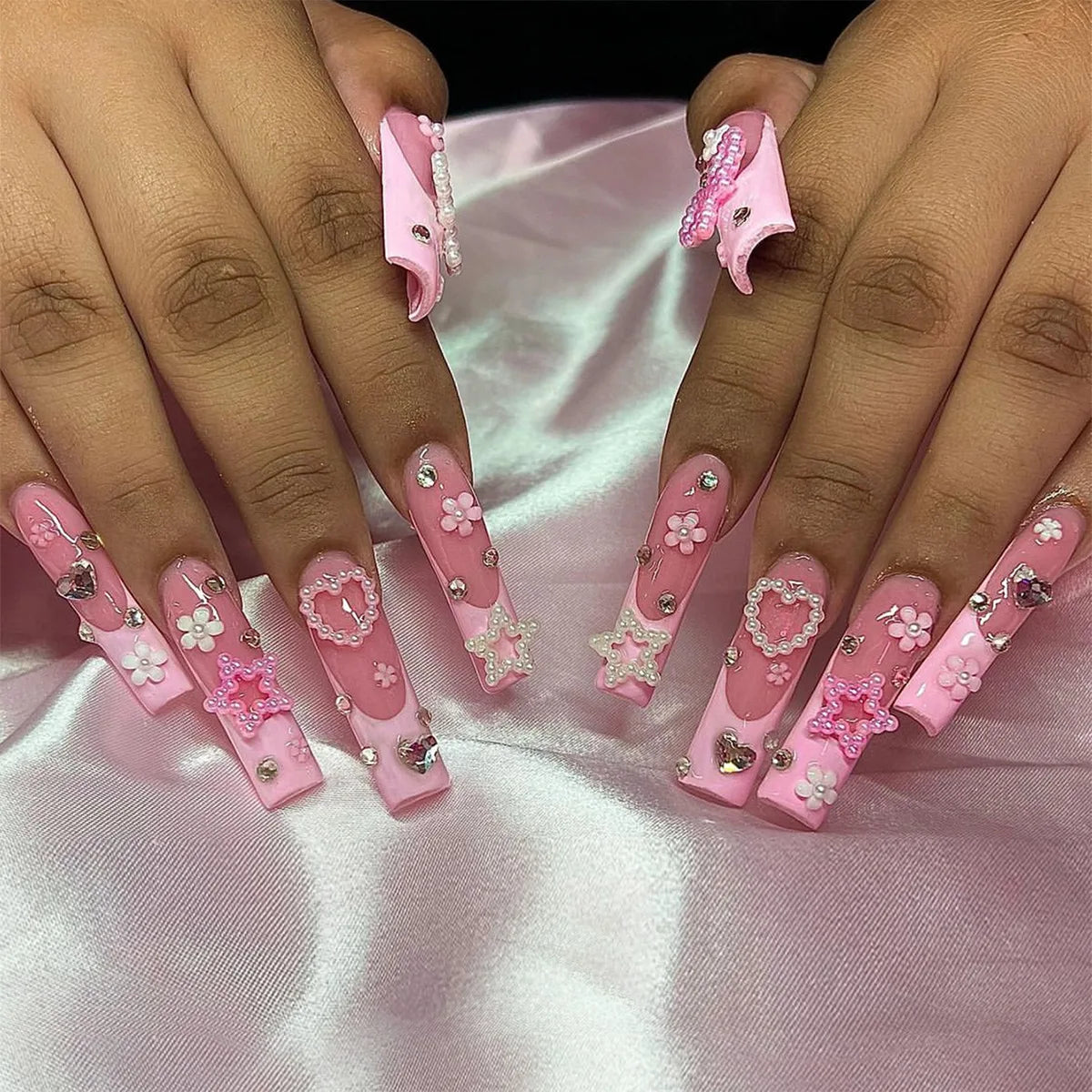 24Pcs Long Square White Pink French Press on Nails 3D Bow Flower Design False Nails Reusable Finished Full Cover Fake Nails Tips