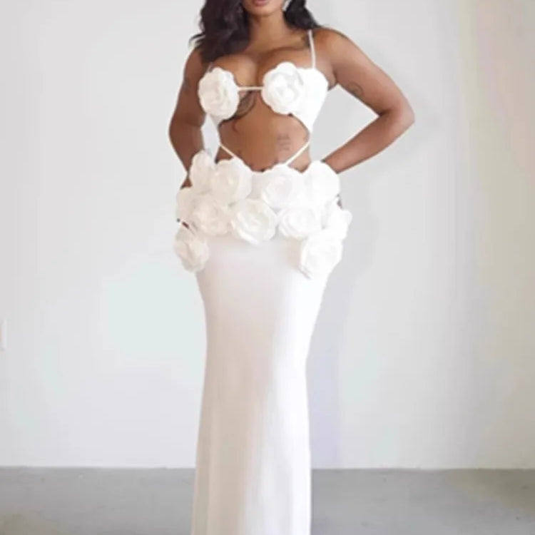 Women Celebrity Sexy Backless Halter Flower Brown Maxi Long Bandage Skirt Set 2025 Knitted Elegant Evening Club Party Clothing