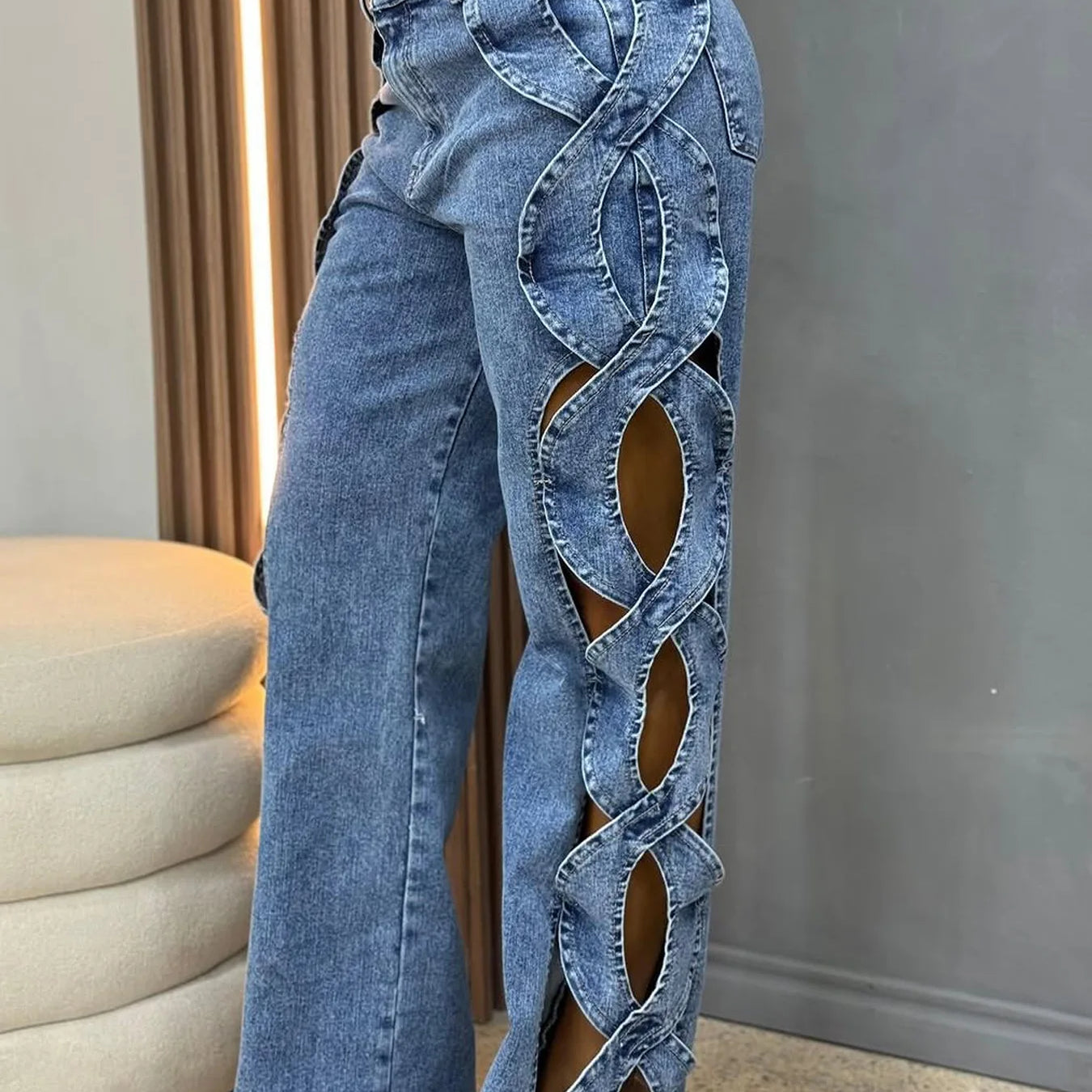 CM.YAYA Women Streetwear Cutout Hollow Out Criss Cross Side Wide Leg  Blue Denim Pants 2025 Fashion Sexy Party Jeans Trousers