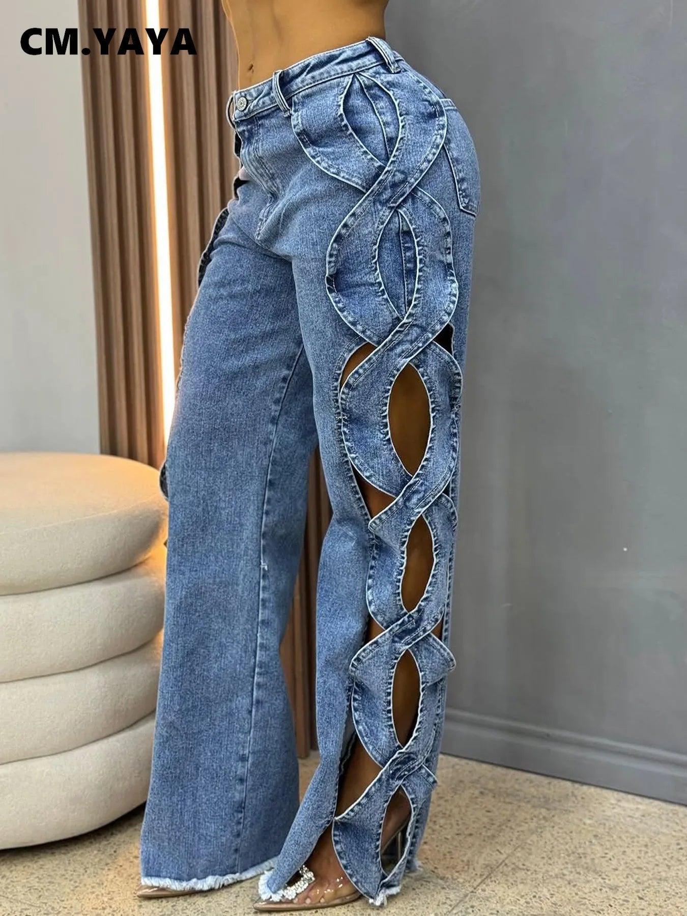 CM.YAYA Women Streetwear Cutout Hollow Out Criss Cross Side Wide Leg  Blue Denim Pants 2025 Fashion Sexy Party Jeans Trousers