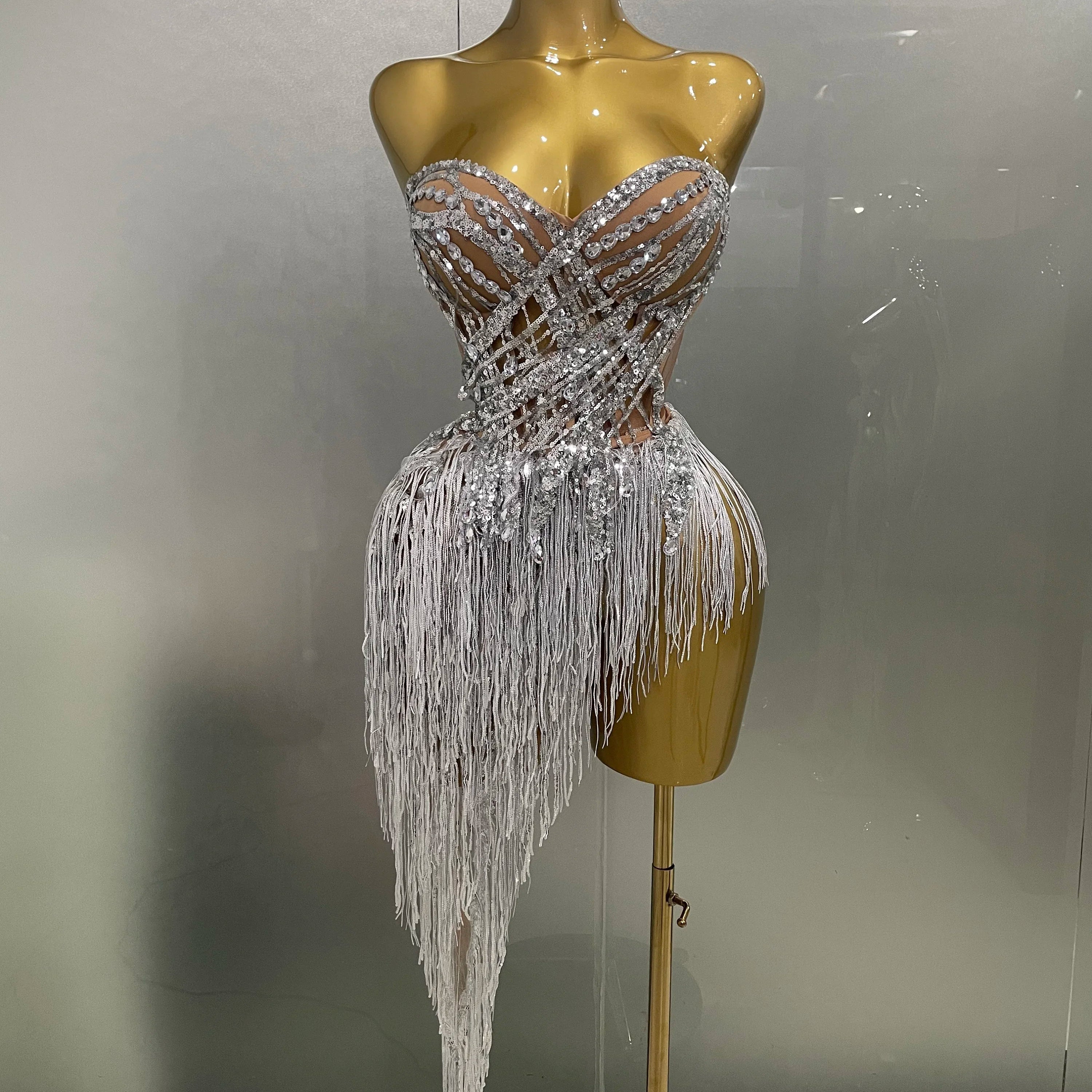 2025 New Sparkly Rhinestone Sequin Tassel Sexy Mini Skirt Two Pieces Set Women Birthday Celebrate Party Nightclub Stage Costume