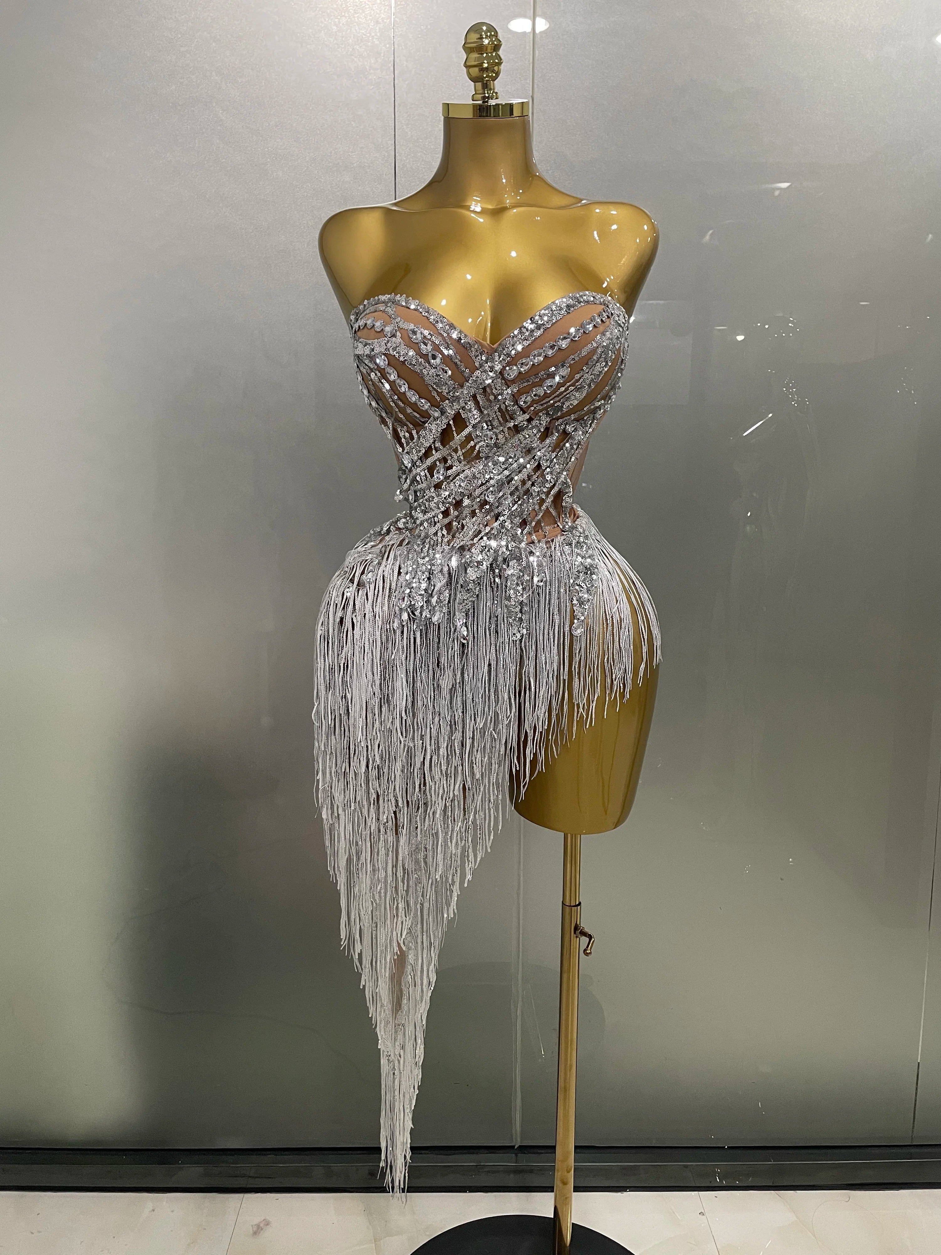 2025 New Sparkly Rhinestone Sequin Tassel Sexy Mini Skirt Two Pieces Set Women Birthday Celebrate Party Nightclub Stage Costume