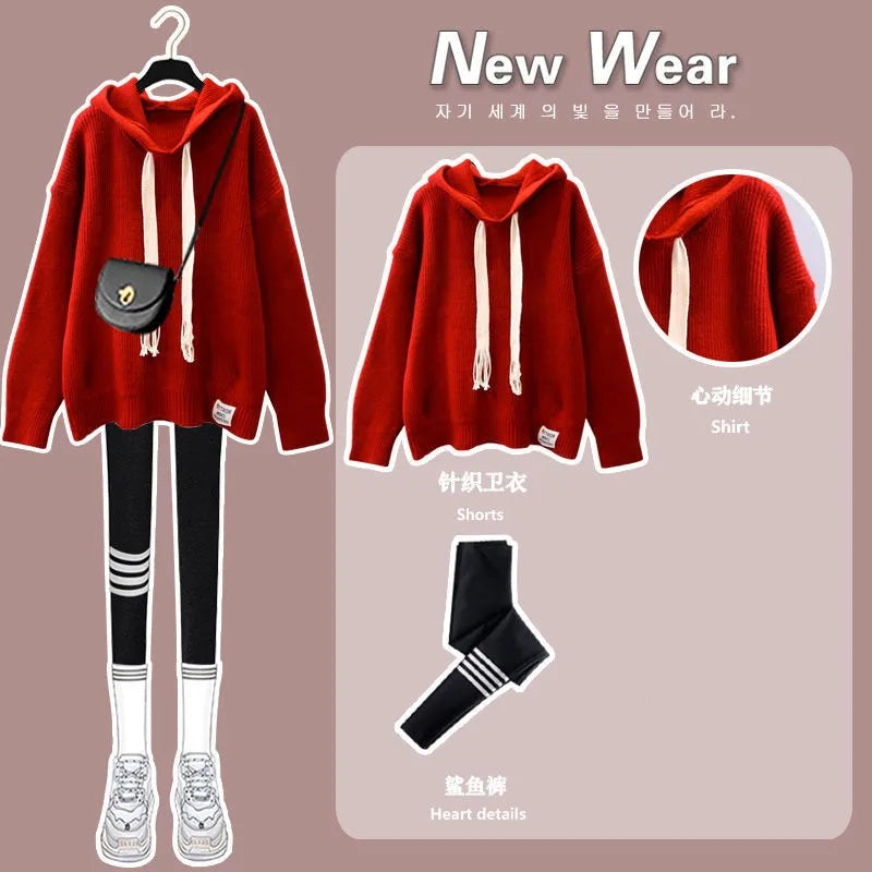 Women's Autumn Winter New Loose Knitted Hoodie Shark Pants Two Piece Korean Elegant Pullover Matching Set Female Clothing Suit Set 02