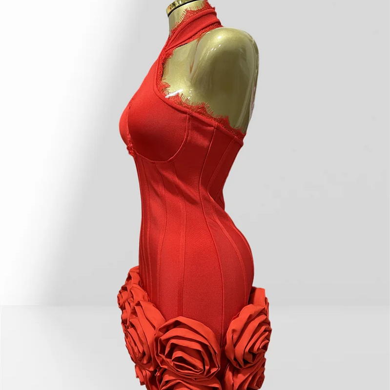 Stereoscopic Folwer Sexy Deep V-Neck Halter Sheath Red Bandage Mini Dress Sweet Woman Birthday Party Dress Music Festival Outfit