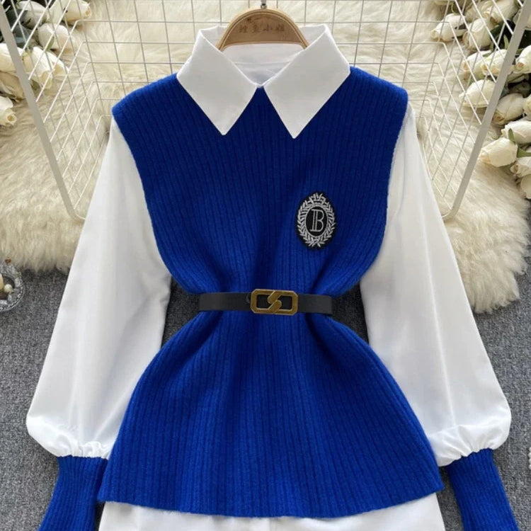Loose White Shirt Long Sleeve Top Women's Belt Slit Knit Vest Korean Fashion Two Piece Set for Women Blouse Spring New blue