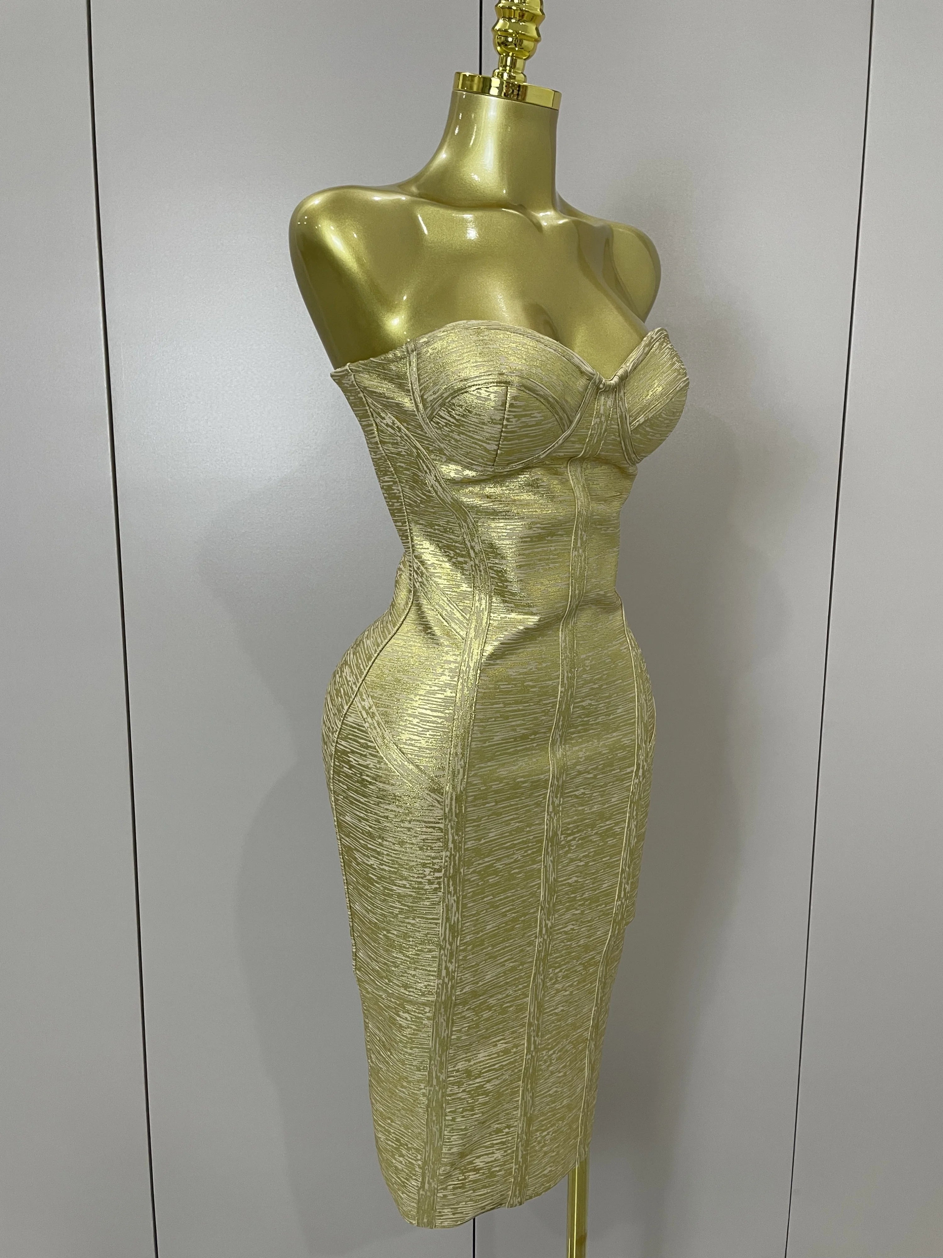 Sexy Strapless Gold Black Foil Color Bodycon Bandage Dress 2025New Women Fashion Celebrate Evening Party Luxury Birthday Dresses