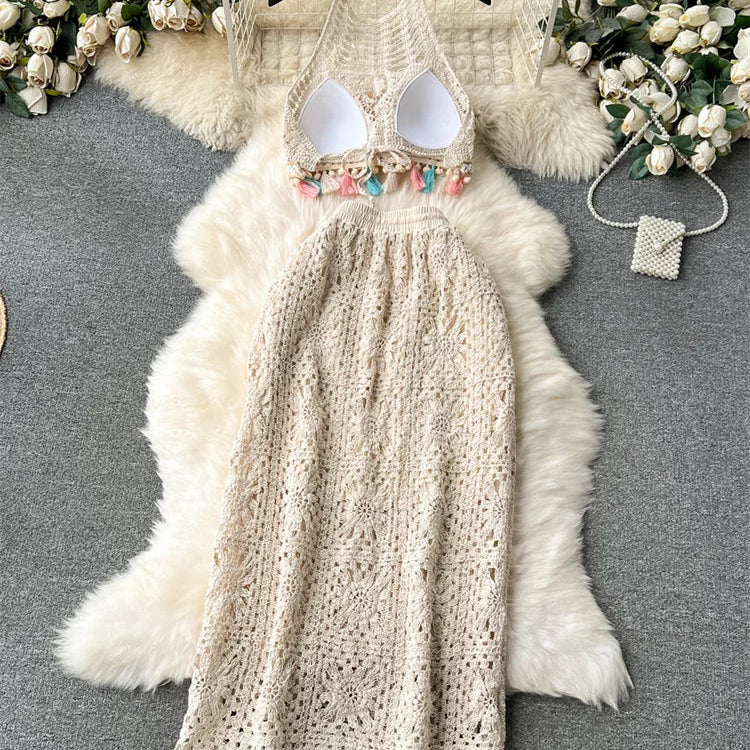 SINGREINY Fashion Knitted Two Piece Sets Halter Tassel Short Sexy Top+Hook Flower Retro Skirt Bohemian Vacation Beach Style Suit