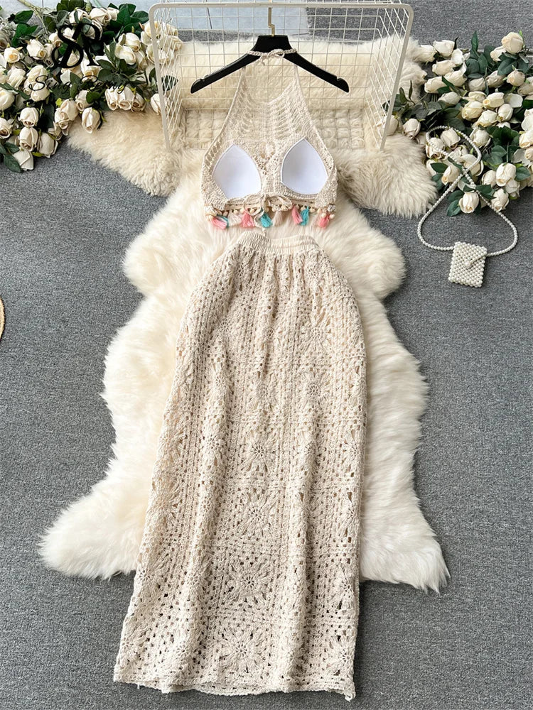 SINGREINY Fashion Knitted Two Piece Sets Halter Tassel Short Sexy Top+Hook Flower Retro Skirt Bohemian Vacation Beach Style Suit