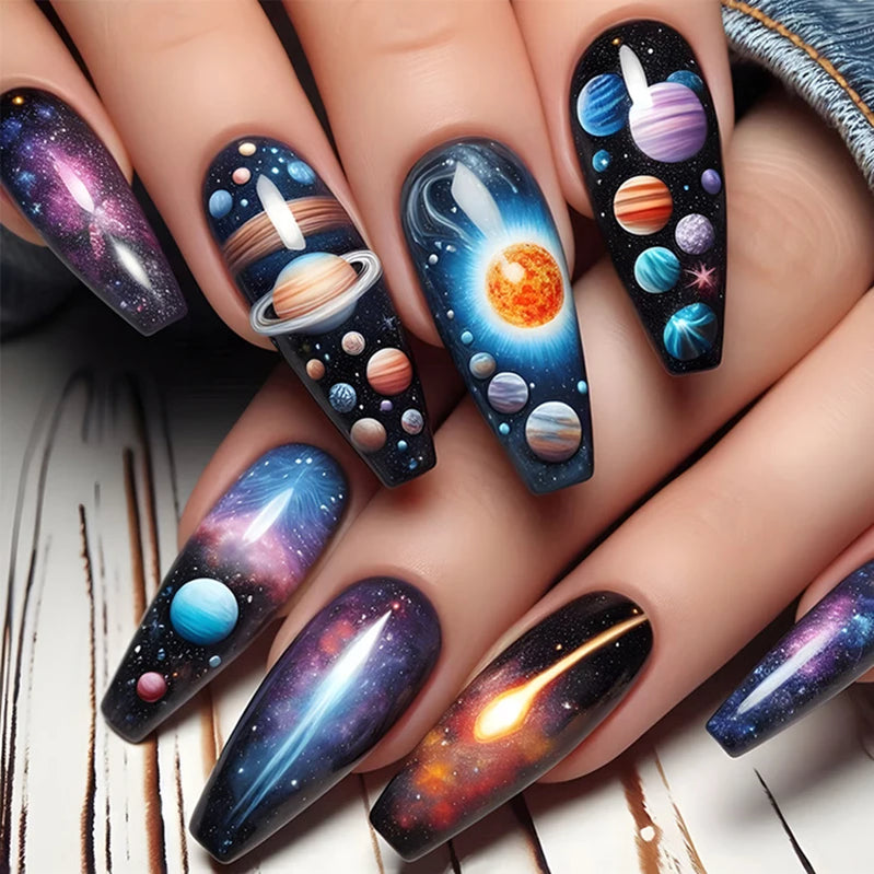 24pcs/set medium long fake nails for women starry star moon planet gradient glitter design almond ballet tip press on false nail