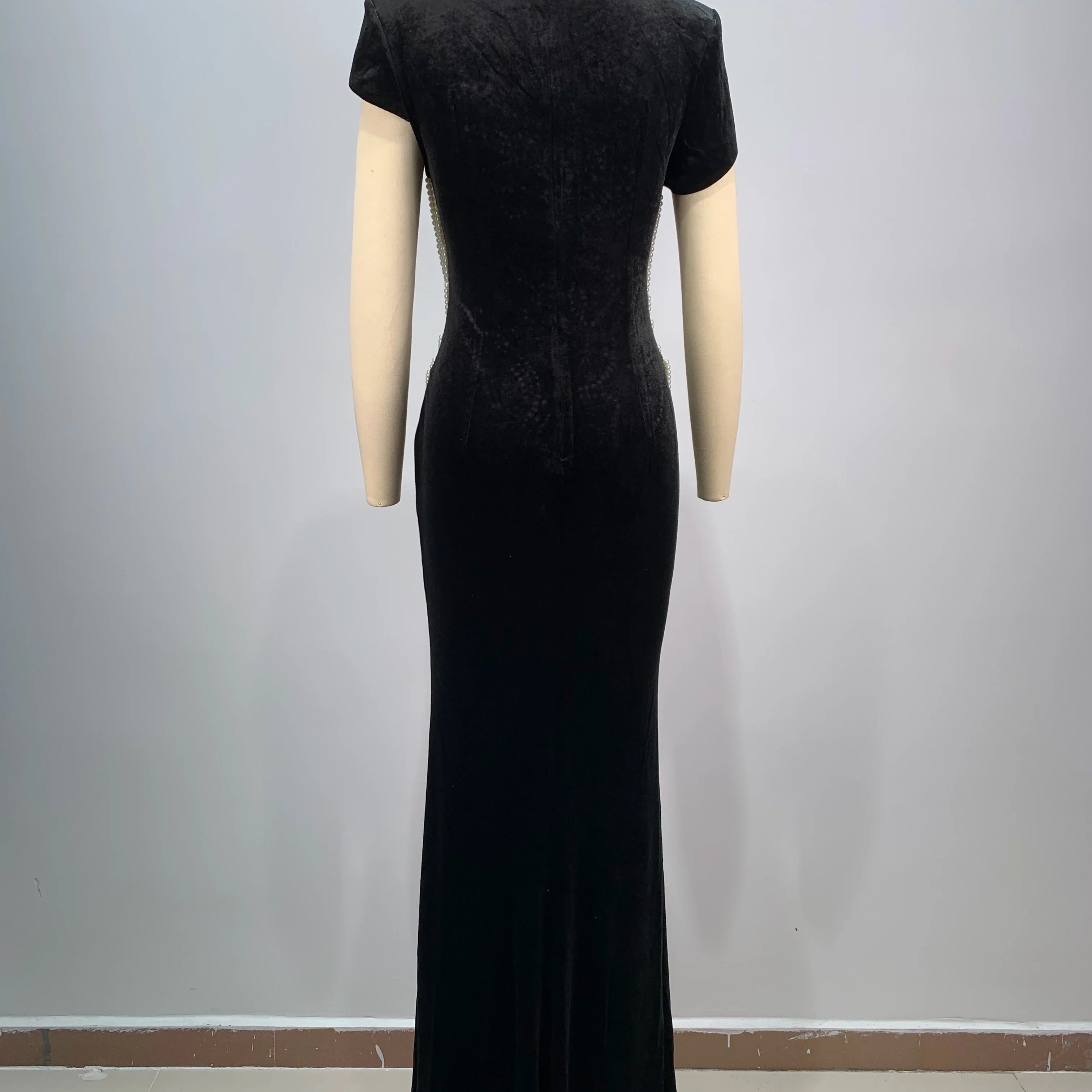 Celebrity Red Carpet Dress Women Sexy Short Sleeve Pearl Beading Bodycon Long Dress Evening Party Prom Outfit Vestido