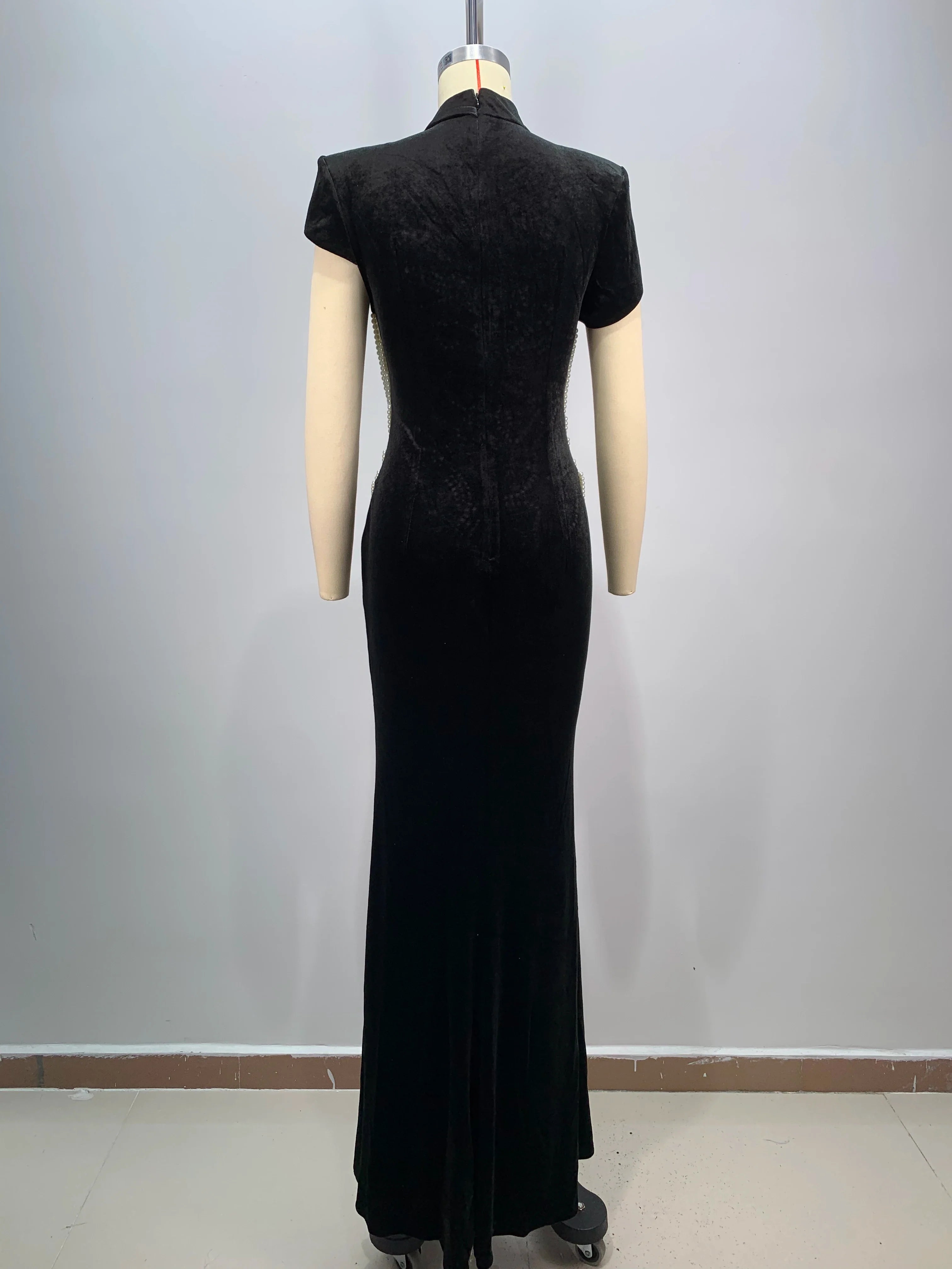 Celebrity Red Carpet Dress Women Sexy Short Sleeve Pearl Beading Bodycon Long Dress Evening Party Prom Outfit Vestido