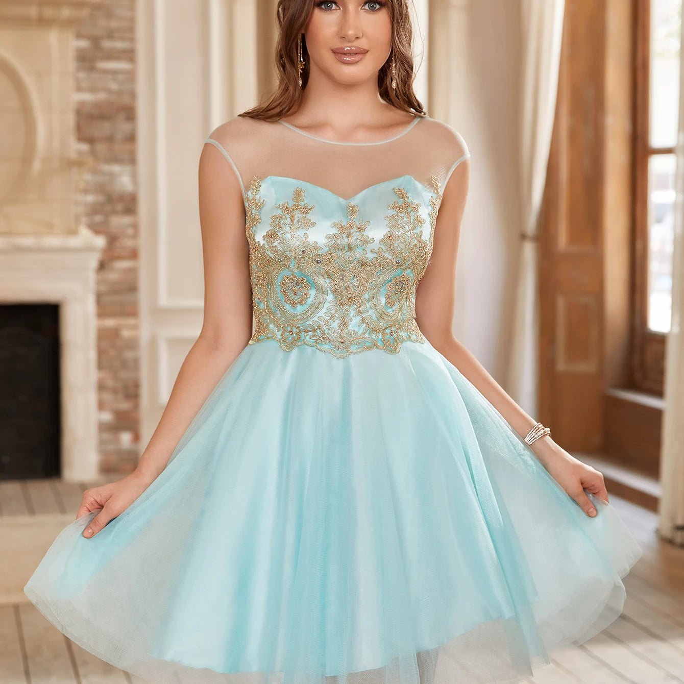 Mint Green Golde Appqulies Beads Bridesmaid Dresses for Women Wedding Party A Line Short Knee Length Sweetheart Gowns MInt Green